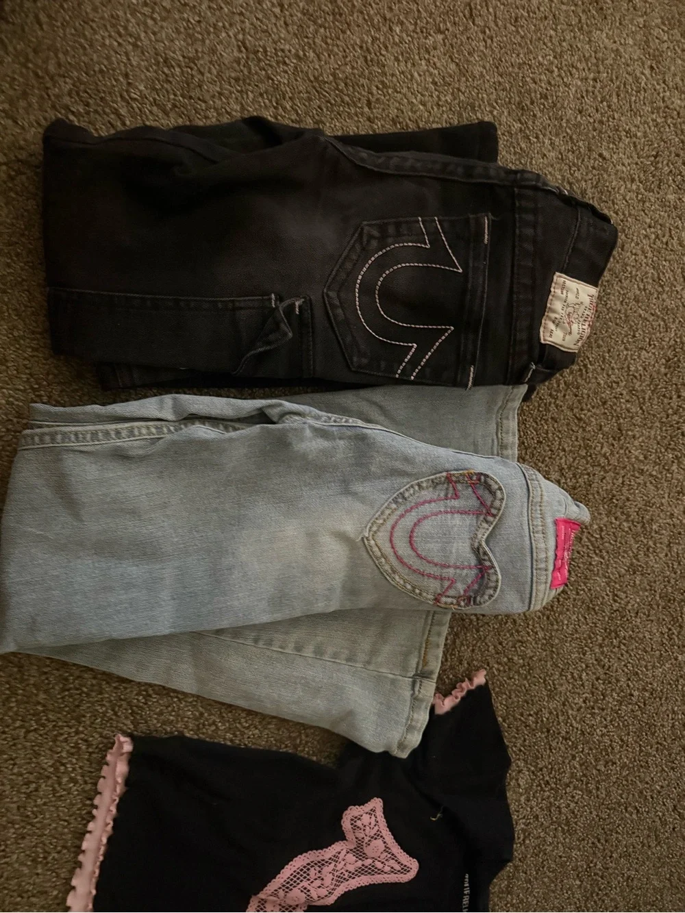 True Religion Black Tee with Pink Logo & Light and Dark Jeans